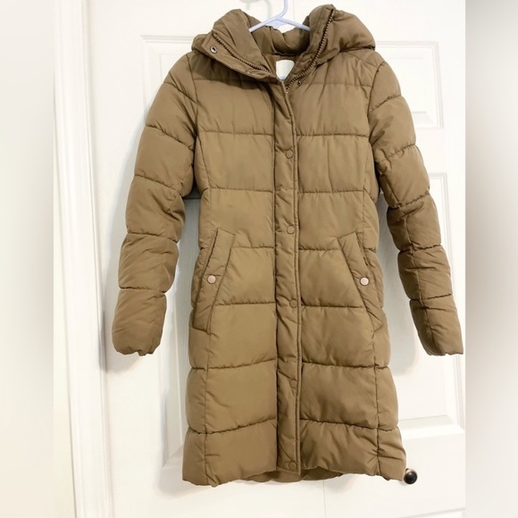 H&M hooded puffer midi brownish green coat jacket size XS - Picture 2 of 7
